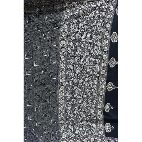 33 - Large hand embroidered black and cream cotton on silk shawl, Indian, purchased in India, approx 230c... 