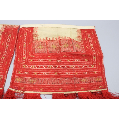 34 - Early hand spun, woven and embroidered apron front and back, red and cream, worn for special occasio... 