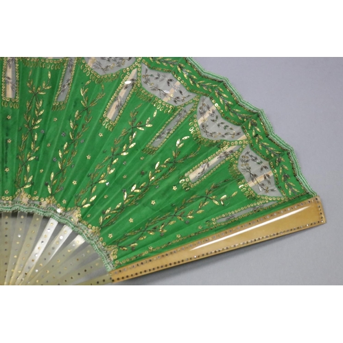 45 - Green silk fan with metal sequins, purchased in Paris, span approx 45cm W