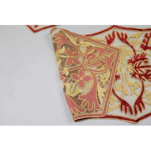 6 - Pair of Italian velvet applique and embroidered runner with red and gold leaf and flower design, Ven... 