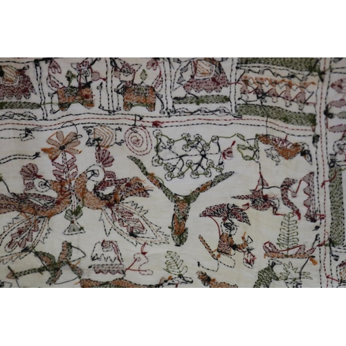 72 - Silk embroidered shawl, hand embroidered in cotton, kantha - Rajasthan animals and geometric design,... 