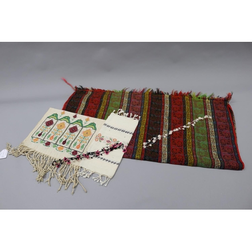 91 - Five Turkish pieces -to include two hand towels - one old and one new, along with a woven wool shawl... 