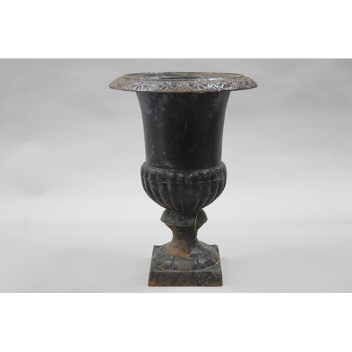 33 - Antique French cast iron pedestal garden urn of small size, approx 34cm H