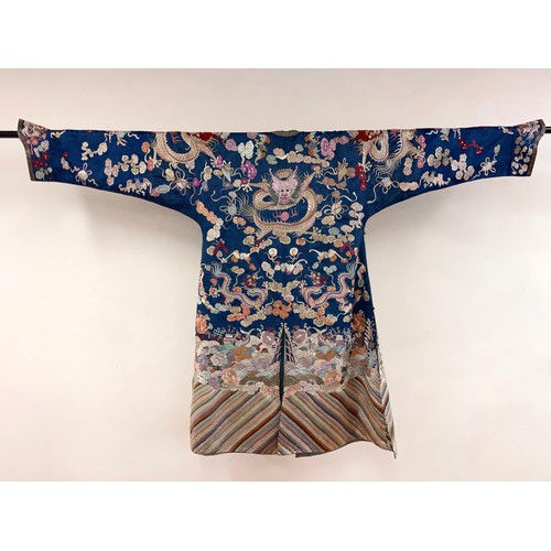 93 - Rare antique Chinese robe with Human Face Dragons, silk floss embroidery on silk satin with a myriad... 