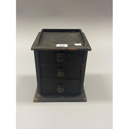 272 - Antique small scale black painted rustic three drawer chest, approx 25cm H