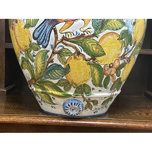 274 - Large Italian colourful hand painted terracotta twin handled pot, approx 53cm H