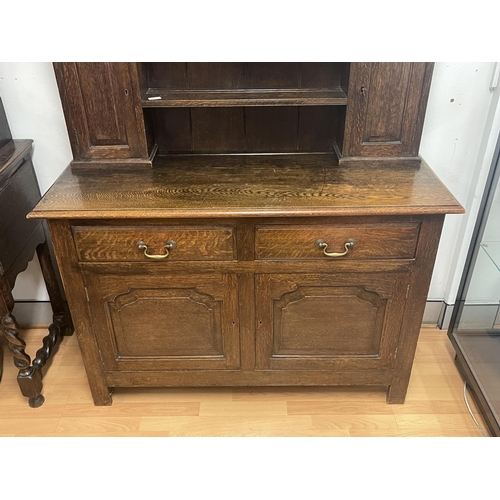 275 - Antique Victorian English oak two drawer two door dresser, open shelf back, with two narrow cupboard... 