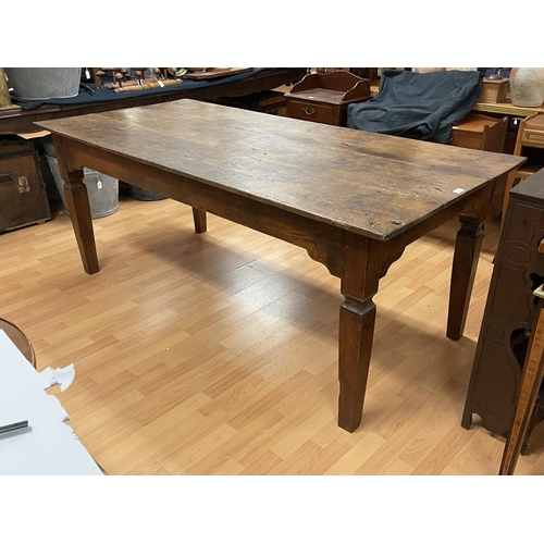 280 - Rustic three slab top country table, standing on square tapering legs, approx 193cm L x 89cm D x 76.... 