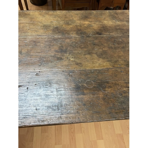 280 - Rustic three slab top country table, standing on square tapering legs, approx 193cm L x 89cm D x 76.... 