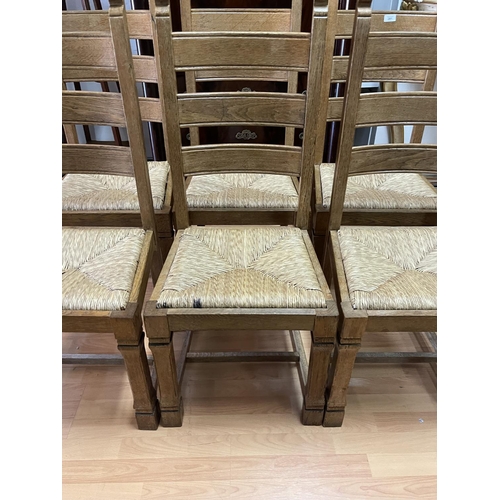 281 - Set of six English oak Arts & Crafts ladder back rush seated chairs, chairs, (6)