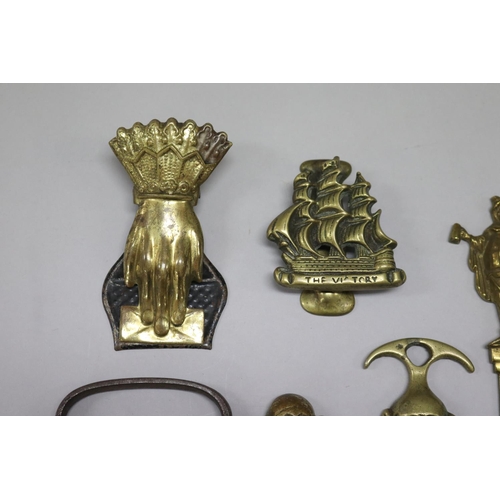 1051 - Antique Victorian gilt metal hand paper clip, door knocker, corkscrews, Flagstaff letter opener etc,... 