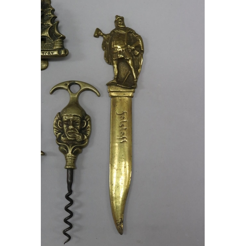1051 - Antique Victorian gilt metal hand paper clip, door knocker, corkscrews, Flagstaff letter opener etc,... 