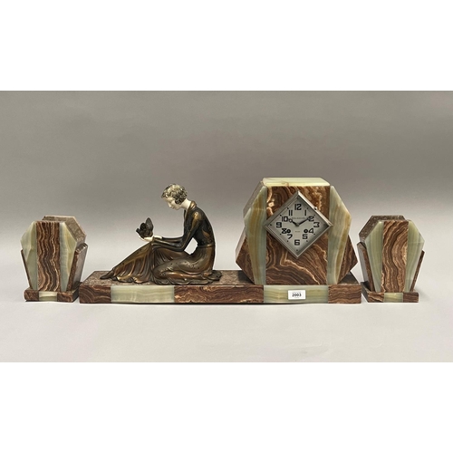 2003 - French Art Deco figural three colour onyx figural clock set, mounted with a cold painted spelter fig... 