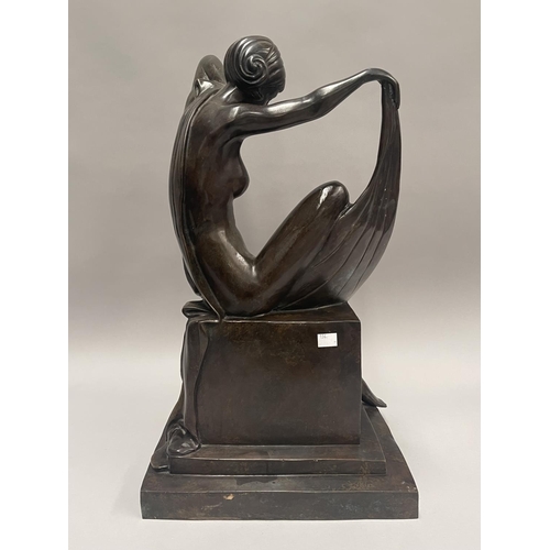 2047 - Large Art Deco Bronze figure, nude figure seated with shawl, (details) approx 60cm H x 35cm W x 25cm... 