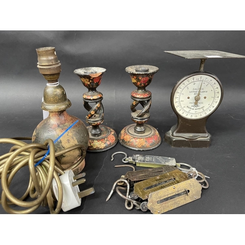 3030 - Assortment of pocket scales, and another to include Salters along with a pair of candlesticks and a ... 