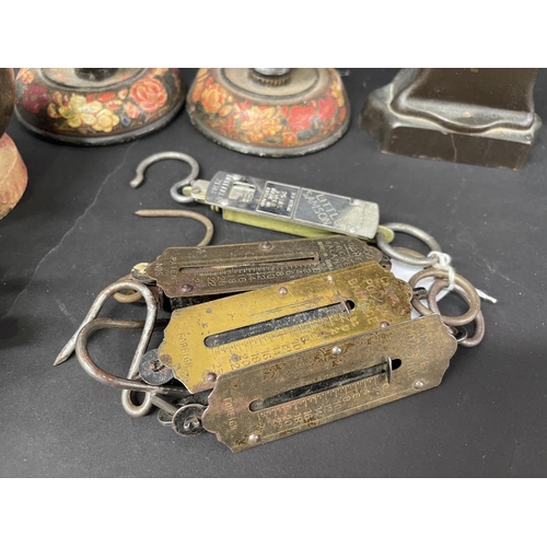 3030 - Assortment of pocket scales, and another to include Salters along with a pair of candlesticks and a ... 