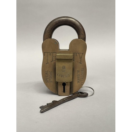 1026 - Large brass & iron Trusty padlock, Special Strong, Trusty. L. Co Aligarh. with key, eight lever