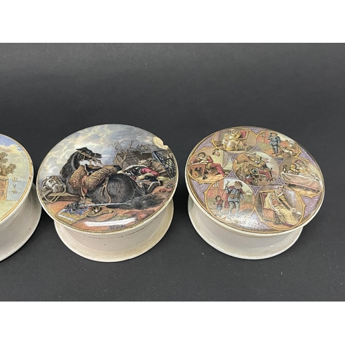 1031 - Collection of six antique various framed Prattware pot lids with bases, approx 11cm Dia (6)