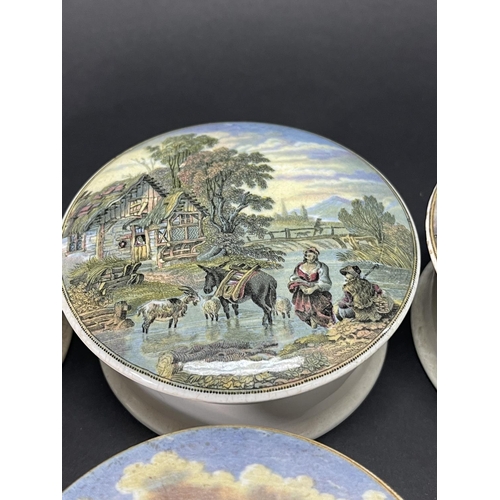 1031 - Collection of six antique various framed Prattware pot lids with bases, approx 11cm Dia (6)