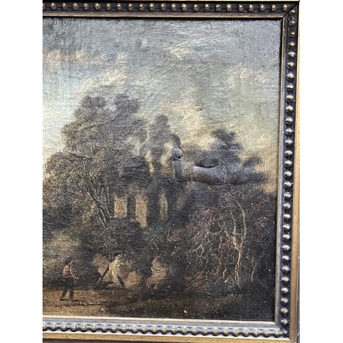 1054 - Early 19th century oil on canvas, figure by lakeside ruins, gilt framed, approx 23cm x 32cm