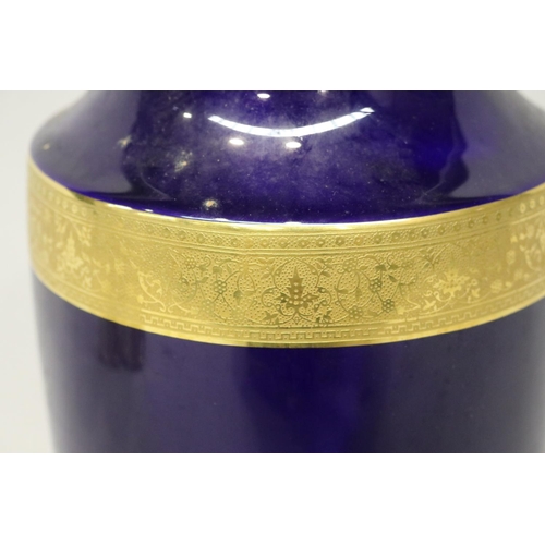 51 - French Limoges cobalt blue and gilt highlighted vase, approx 36cm H