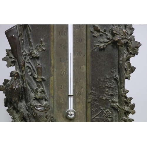 6 - Antique late 19th century European patinated bronze desk thermometer, probably German, approx 29cm H... 