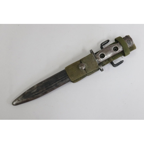33 - Australian L1A2 knife bayonet with scabbard and webbing frog. Good example