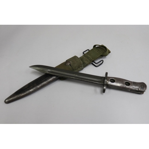 33 - Australian L1A2 knife bayonet with scabbard and webbing frog. Good example