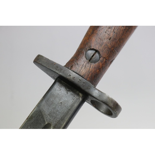 143 - SHOULD READ - Choice Australian WW1 dated Pattern 1908 bayonet with scabbard. With Lithgow stamp and... 