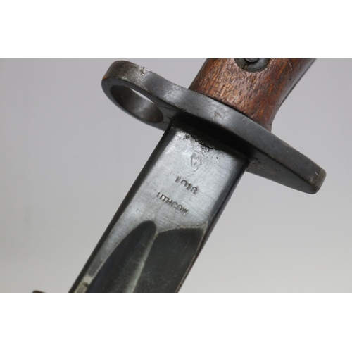 143 - SHOULD READ - Choice Australian WW1 dated Pattern 1908 bayonet with scabbard. With Lithgow stamp and... 