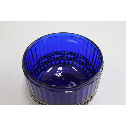 4 - Fine French silver fluted blue glass silver mounted lidded sugar bowl, marked to base edge, makers m... 