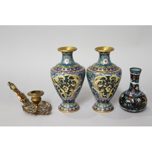 44 - Pair of Cloisonné vases along with a vase and champlevé enamel chamberstick, approx 16cm H and short... 
