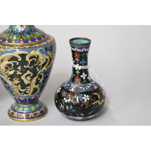 44 - Pair of Cloisonné vases along with a vase and champlevé enamel chamberstick, approx 16cm H and short... 