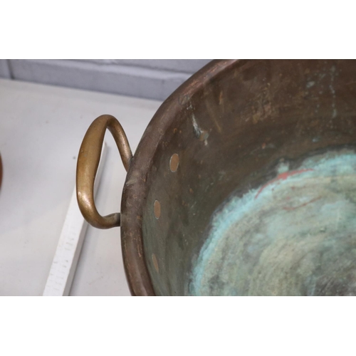 38 - Large Antique copper and twin handle preserving pan, approx 16cm H ex handles x 40cm Dia. Handles br... 
