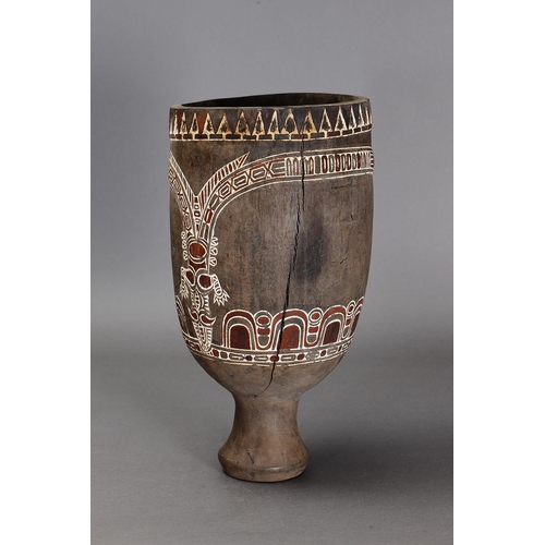 1028 - LARGE HUON GULF TARO MORTAR, TAMI ISLANDS. Carved and engraved hardwood and natural pigments. Appox ... 