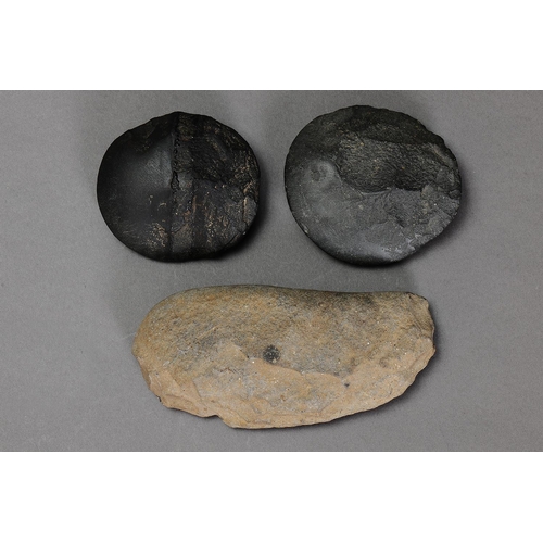 1094 - THREE EARLY STONE IMPLEMENTS, VICTORIA. Carved stone. Ground-edged hatchet/axe heads; unhafted. Fine... 