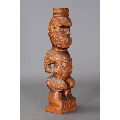 1120 - MAORI TEKOTEKO FIGURE, NEW ZEALAND. Carved and engraved Kauri wood with pua. Standing Maori ancestor... 