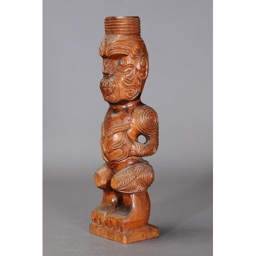 1120 - MAORI TEKOTEKO FIGURE, NEW ZEALAND. Carved and engraved Kauri wood with pua. Standing Maori ancestor... 