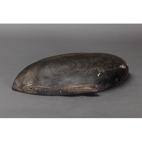 1127 - EARLY HUON GULF FOOD BOWL, TAMI ISLANDS. Carved and engraved hardwood. Approx L39.5 x 21cm. PROVENAN... 