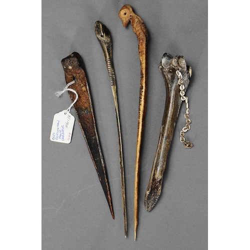 1137 - FOUR CASSOWARY BONE DAGGER, PAPUA NEW GUINEA. Carved and engraved bone and natural pigments. Approx ... 