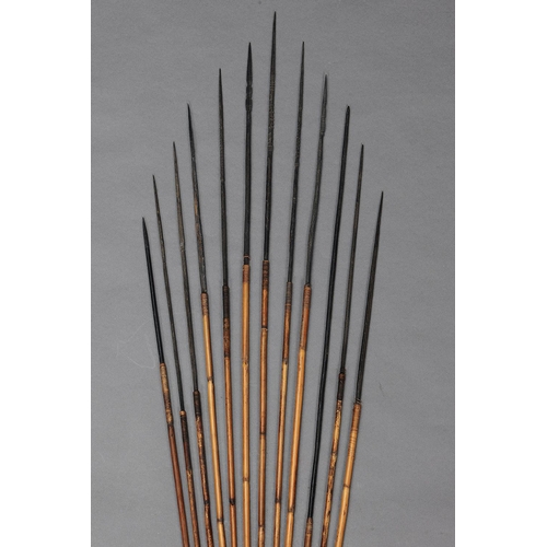 1145 - A COLLECTION OF TWELVE EARLY MELANESIAN ARROWS. Carved and engraved wood, bamboo, with natural pigme... 