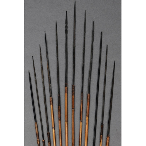 1145 - A COLLECTION OF TWELVE EARLY MELANESIAN ARROWS. Carved and engraved wood, bamboo, with natural pigme... 