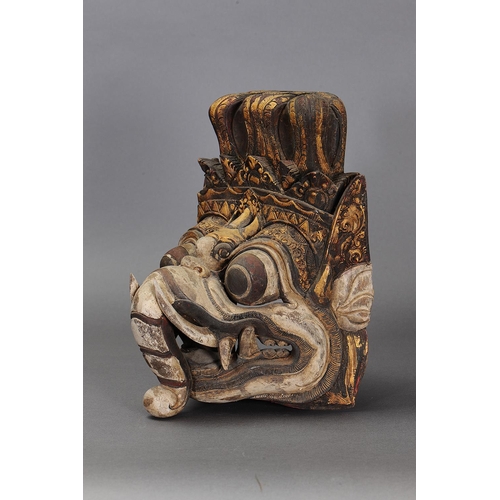 1155 - GALJA (ELEPHANT) TEMPLE MASK, BALI, INDONESIA. Carved and engraved pule wood and gold paint. Approx ... 