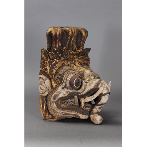 1155 - GALJA (ELEPHANT) TEMPLE MASK, BALI, INDONESIA. Carved and engraved pule wood and gold paint. Approx ... 