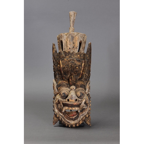 1156 - RANGDE TEMPLE MASK, BALI, INDONESIA. Carved and engraved pule wood and gold paint. Approx L48 x 17cm... 