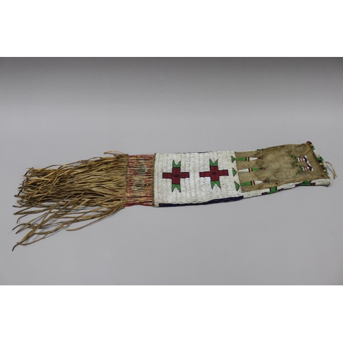 1177 - Rare Antique late 19th century Sioux Indian quilled pipe bag, Hand-treated hide fringed traditional ... 