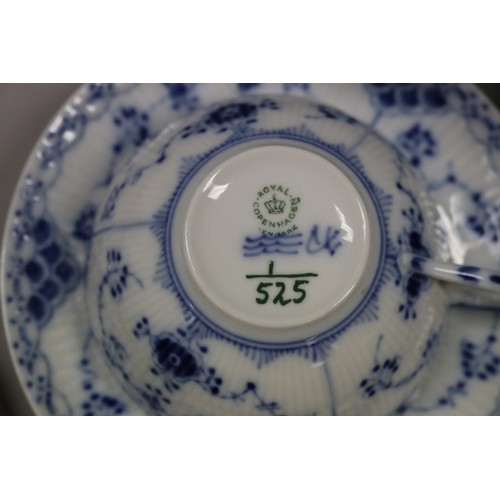 92 - Extensive Royal Copenhagen service. Blue fluted lace pattern, teapot has been repaired to lip, two l... 