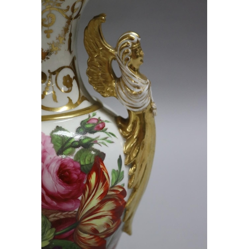 43 - Fine antique porcelain two handled ovoid vase, circa 1820. Well painted on one side with a basket of... 