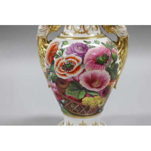 43 - Fine antique porcelain two handled ovoid vase, circa 1820. Well painted on one side with a basket of... 