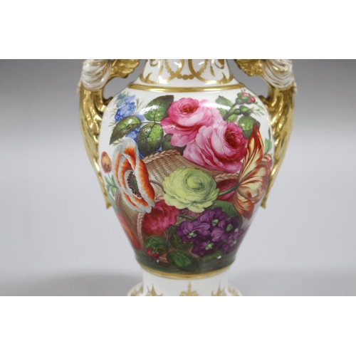 43 - Fine antique porcelain two handled ovoid vase, circa 1820. Well painted on one side with a basket of... 